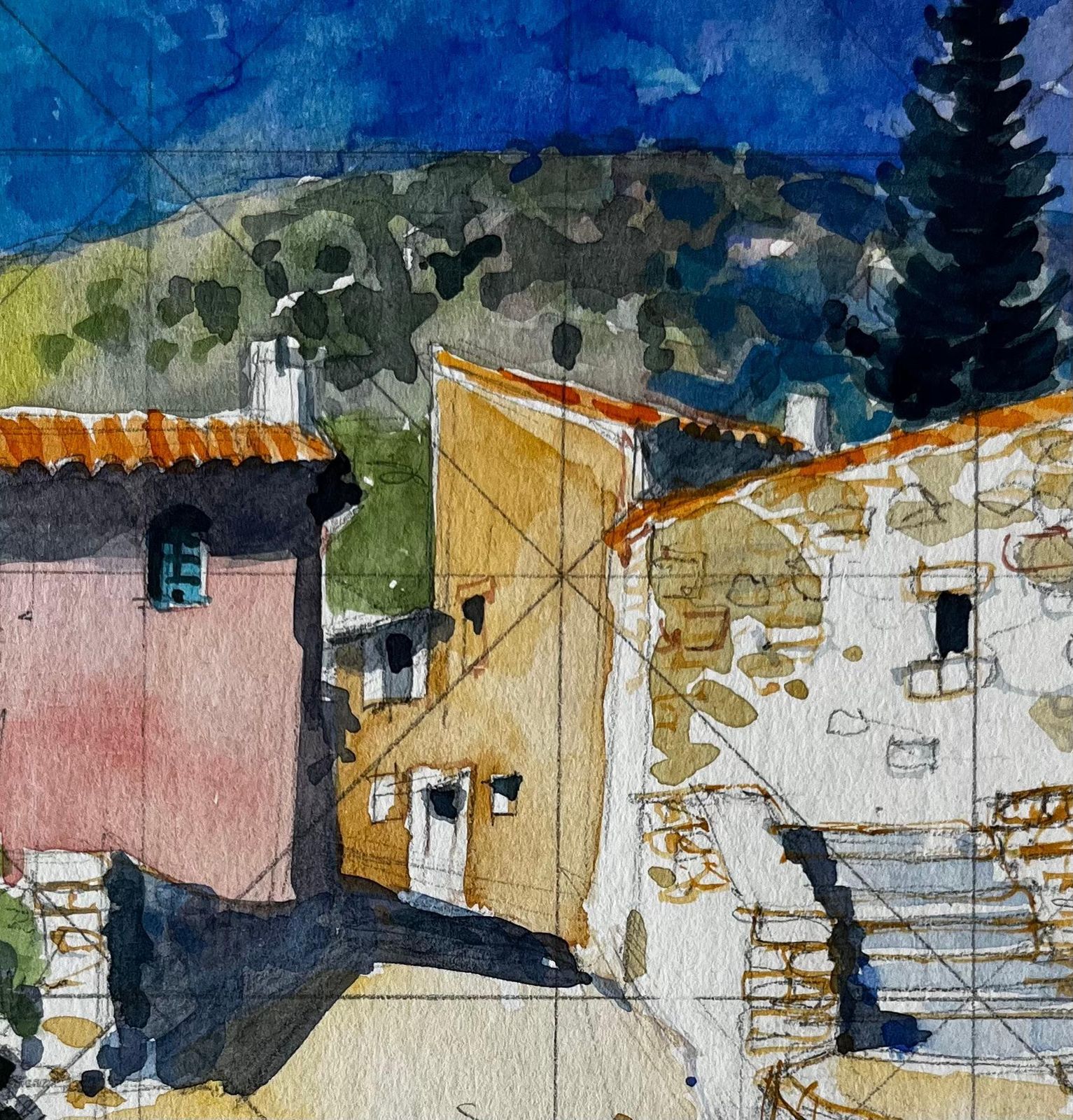Pierre Neveurustrel Village Street With Stone Steps And Colourful Houses French Watercolour photo buy