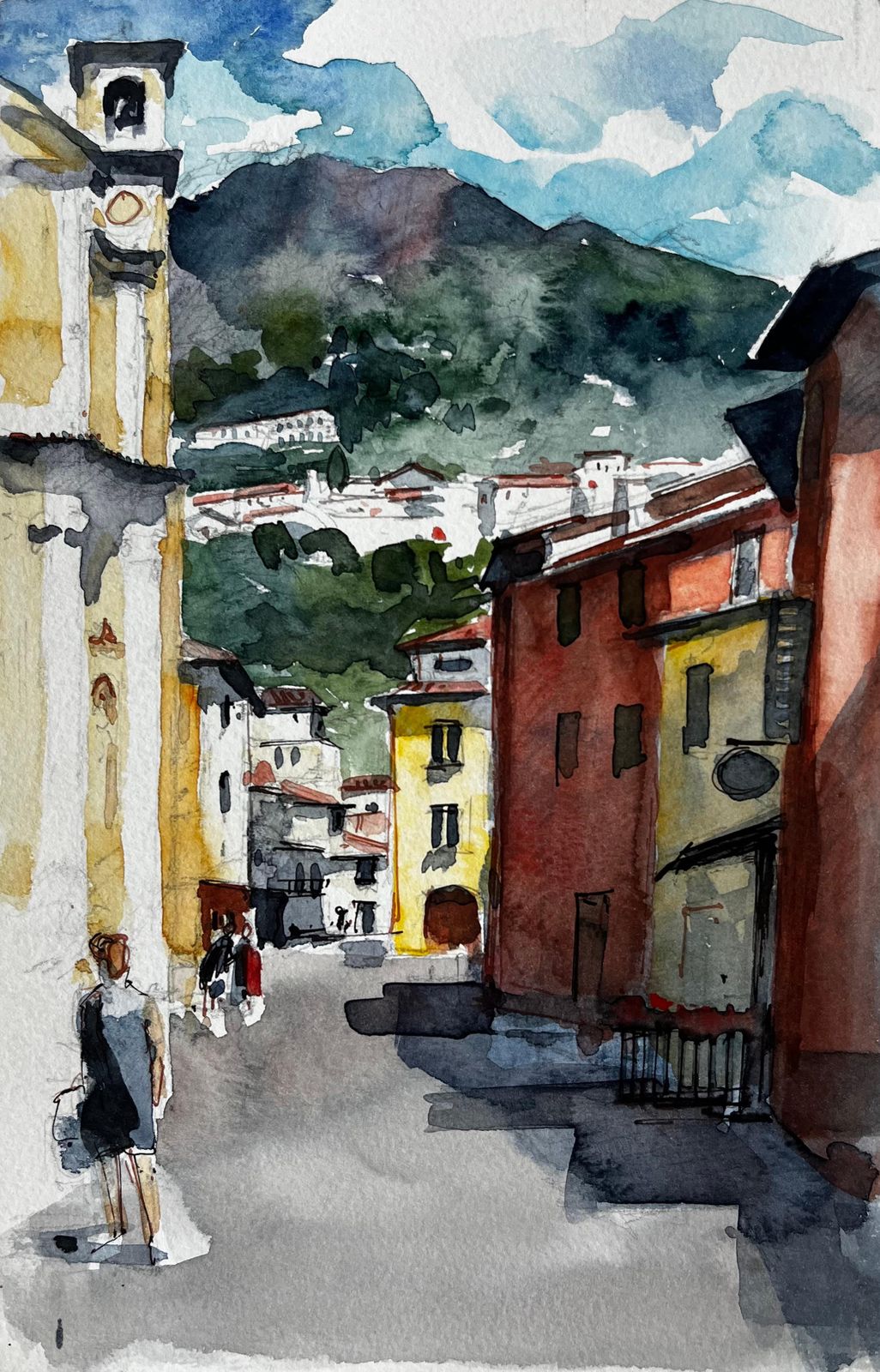 Pierre Neveuitalian Hilltown Street Scene With Church Tower And Mountain View Watercolour