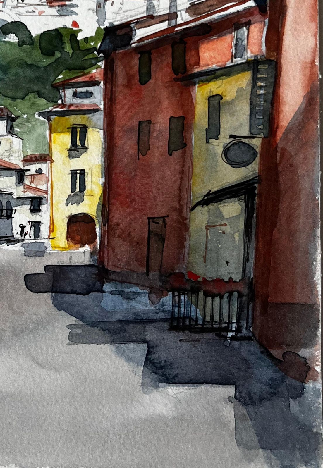 Pierre Neveuitalian Hilltown Street Scene With Church Tower And Mountain View Watercolour photo 580.0