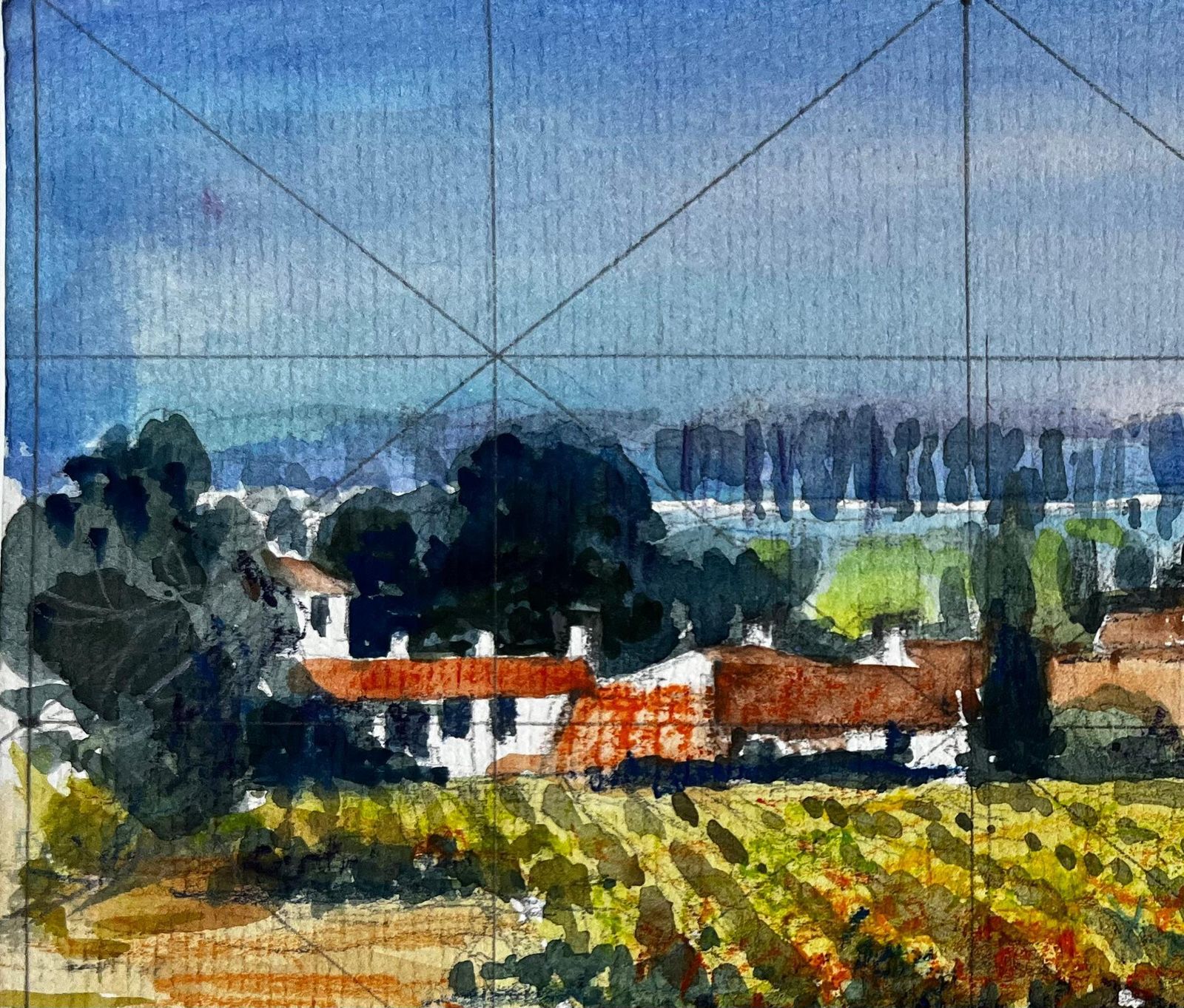 Pierre Neveuvaucluse Vineyard Landscape With Terracotta Farmhouses French Watercolour photo vinterior