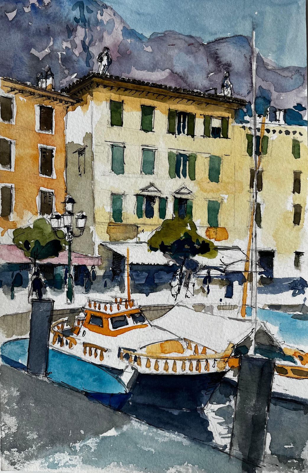 Pierre Neveuharbourfront With Yellow Facades And Moored Boat Italian Riviera Watercolour