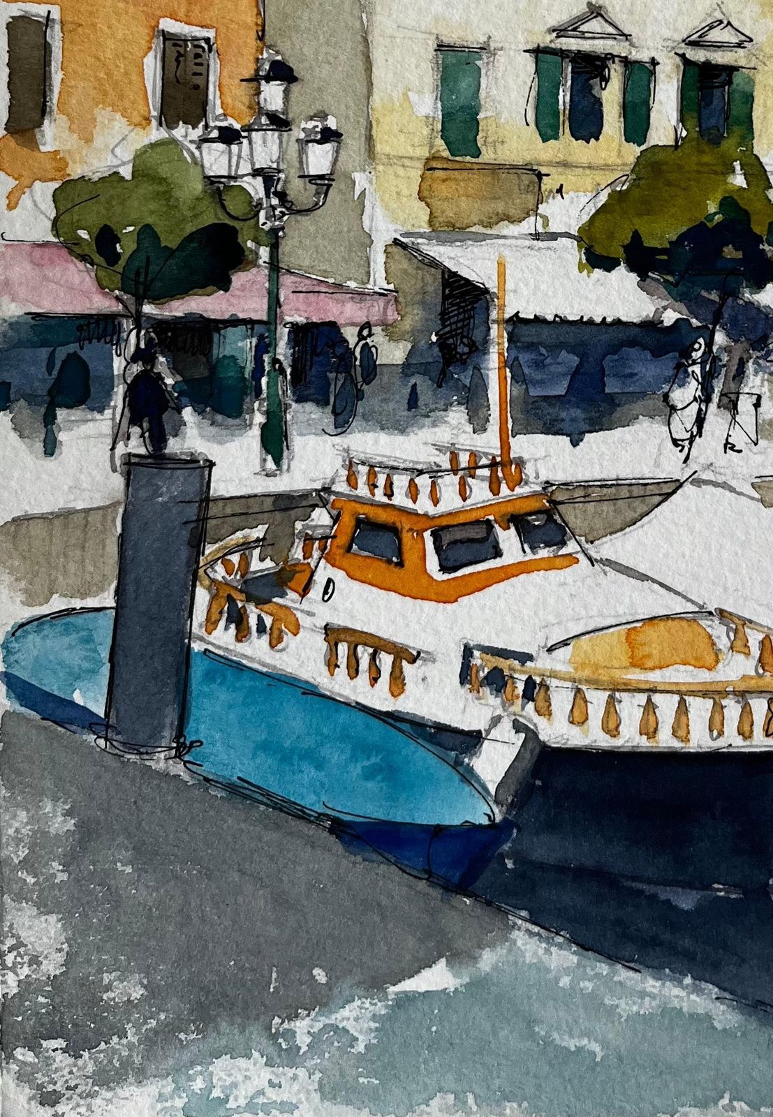 Pierre Neveuharbourfront With Yellow Facades And Moored Boat Italian Riviera Watercolour photo vinterior