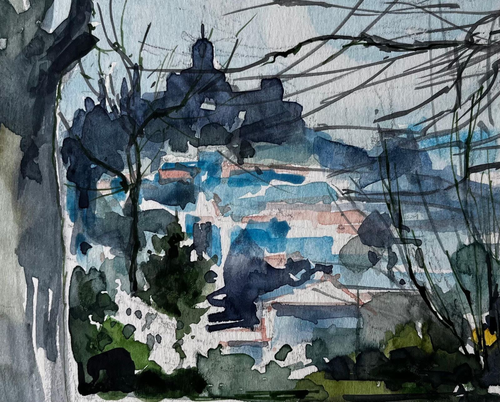Pierre Neveuforcalquier Landscape With Trees And Distant Hilltop Village French Watercolour photo buy