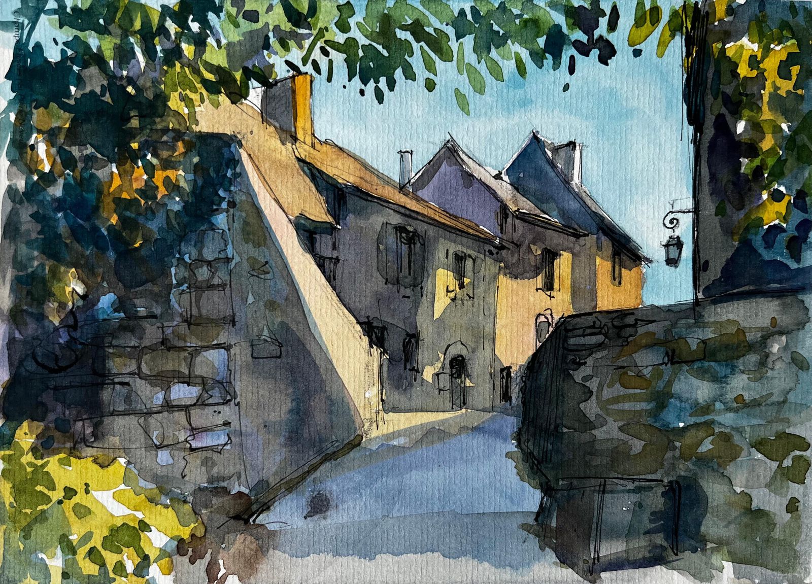 Pierre Neveusunlit Village Street French Countryside Watercolour By Pierre Neveu
