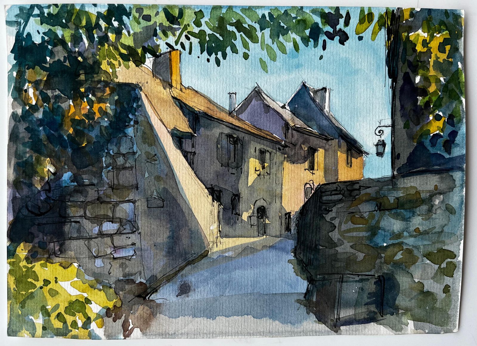 Pierre Neveusunlit Village Street French Countryside Watercolour By Pierre Neveu photo furniture