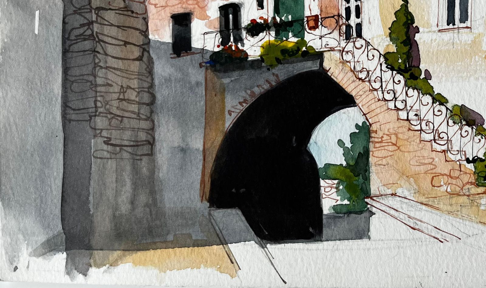 Pierre Neveusunlit Courtyard With Stone Arch And Balcony Italian Village Watercolour photo vinterior