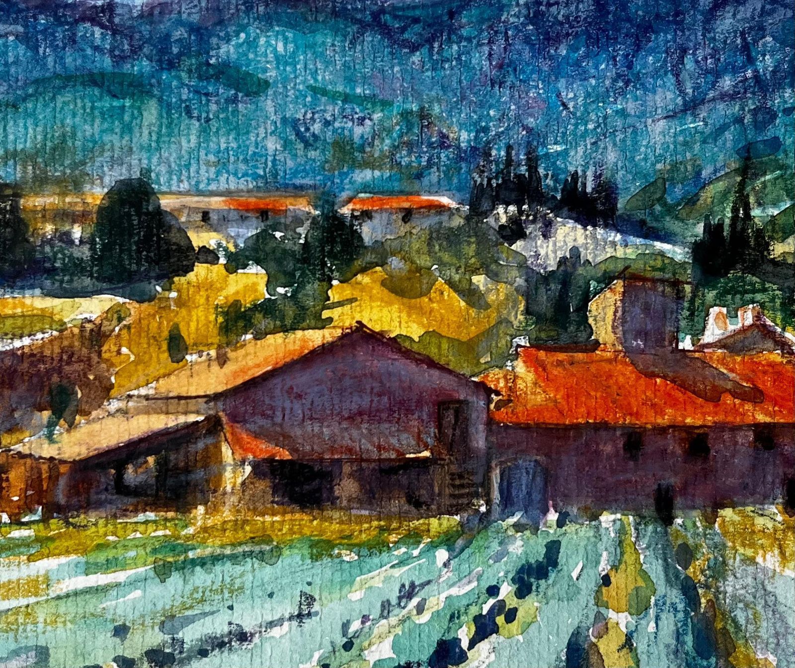 Pierre Neveusaint Martin De Castillon Provence Farmhouse And Lavender Fields Watercolour photo buy