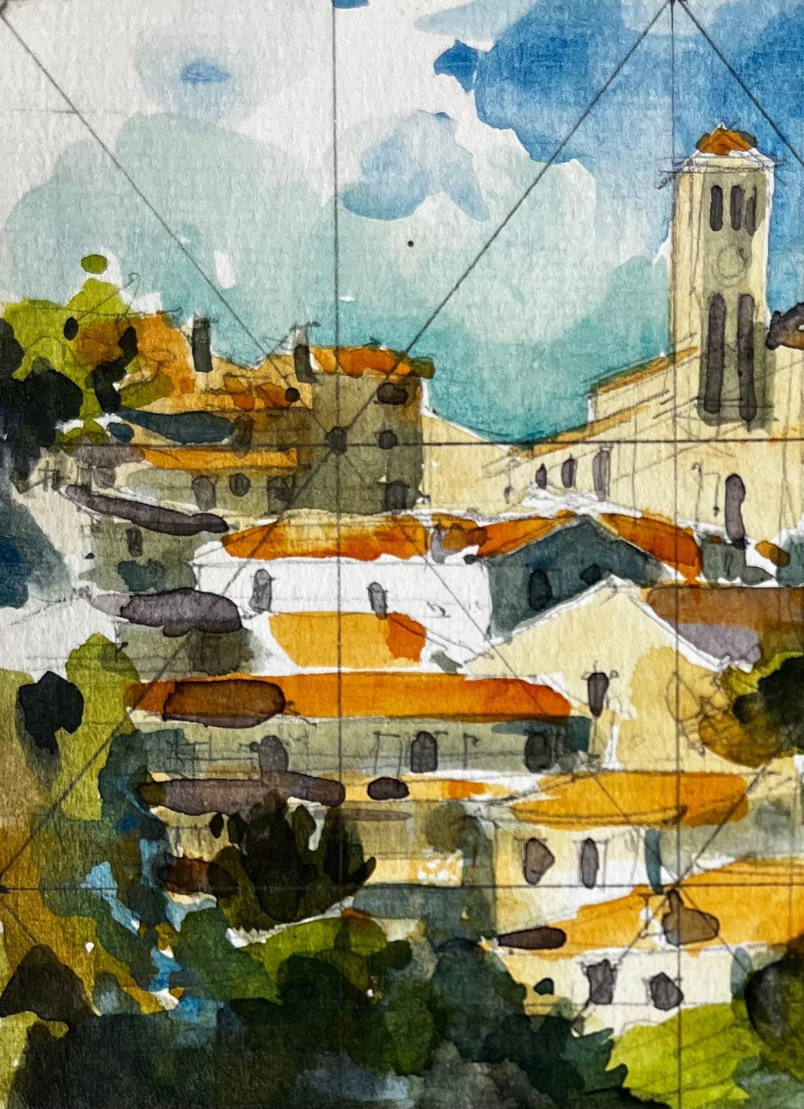 Pierre Neveuclisson Hilltop Village With Church And River Reflection French Watercolour photo Art
