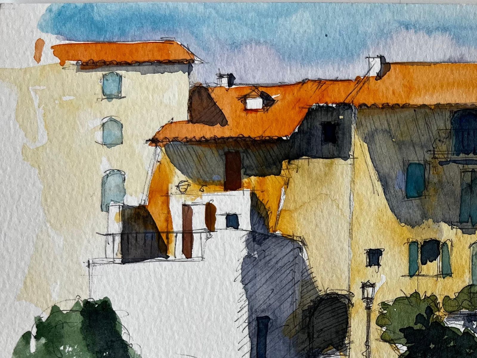 Pierre Neveusunlit Provence Village With Terracotta Roofs French Watercolour photo for sale