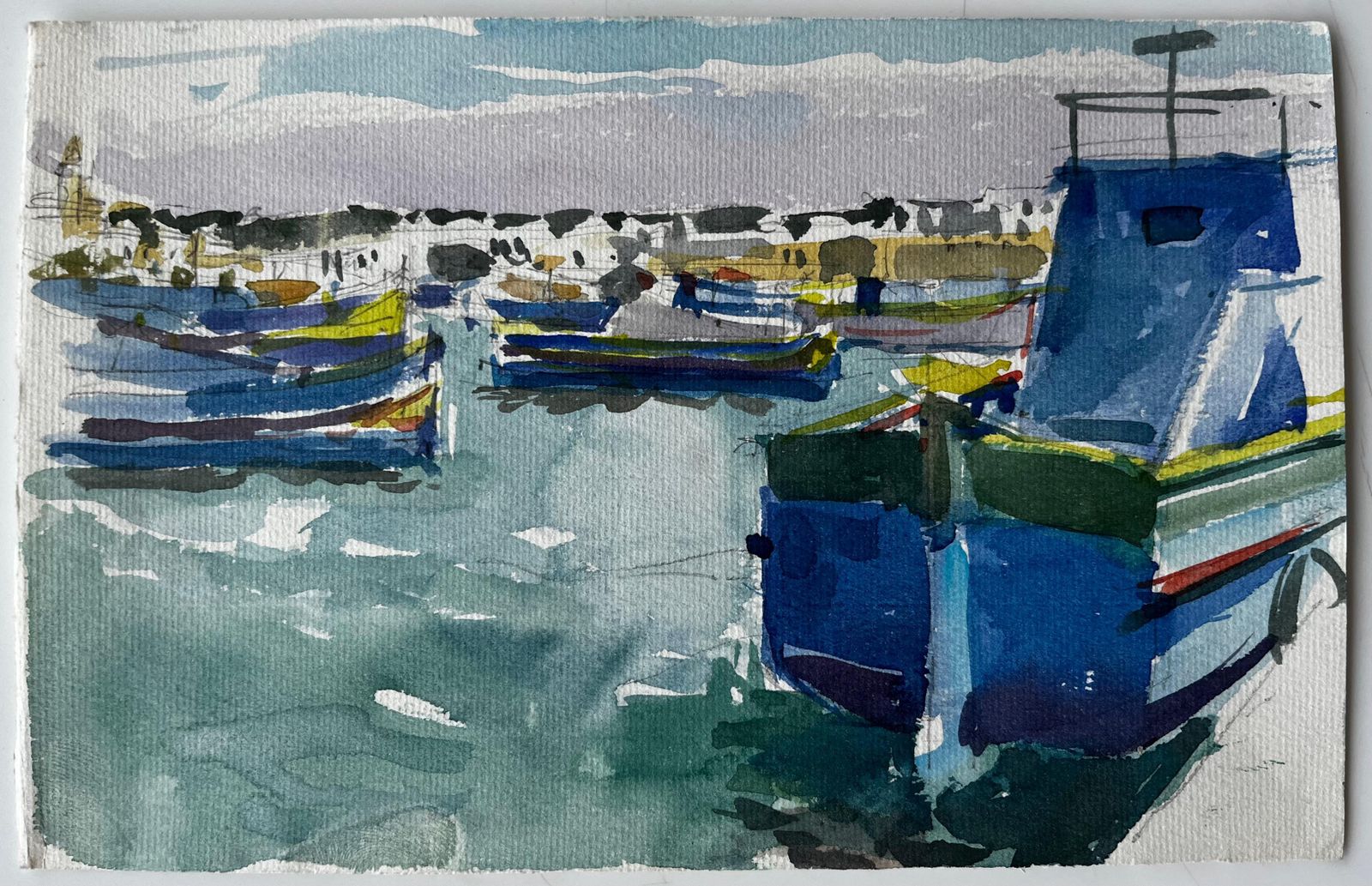 Pierre Neveumediterranean Fishing Boats Harbour Scene Coastal Watercolour By Pierre Neveu photo furniture