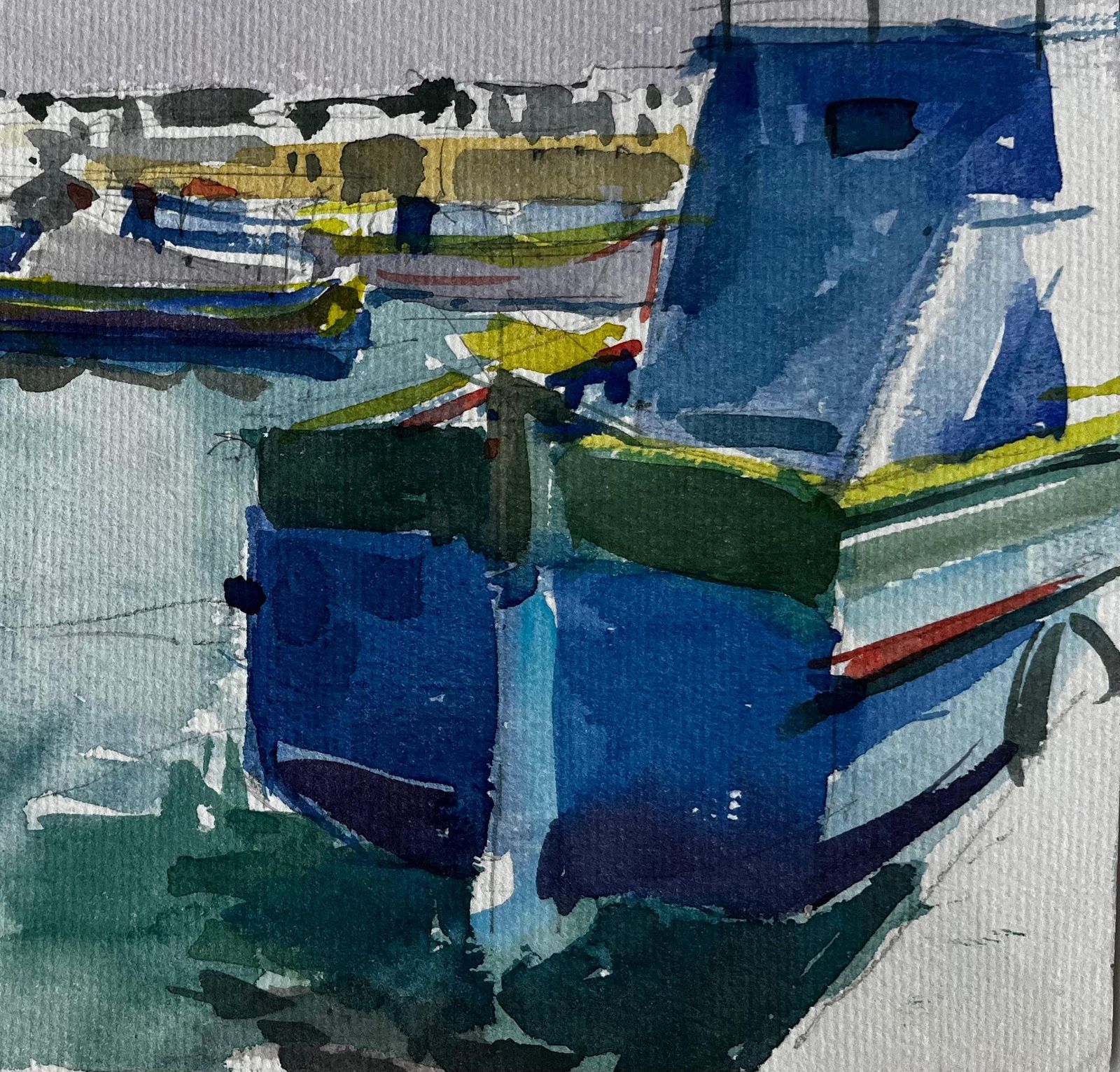 Pierre Neveumediterranean Fishing Boats Harbour Scene Coastal Watercolour By Pierre Neveu photo for sale