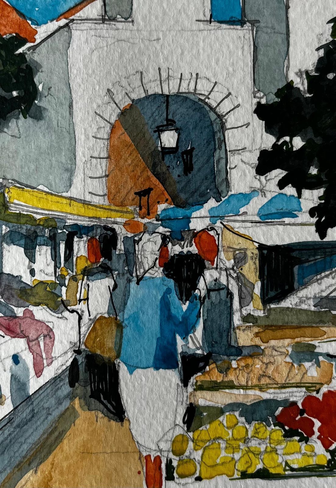 Pierre Neveumediterranean Market Scene With Clock Tower And Shaded Stalls In Southern France photo buy