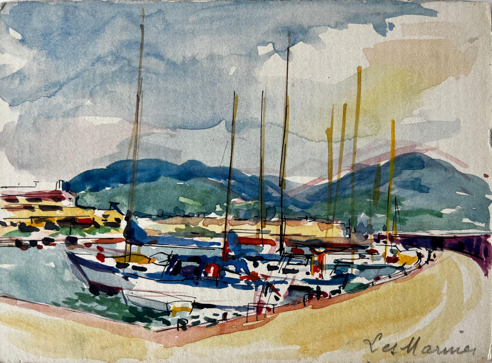 Pierre Neveules Marines French Riviera Harbour With Sailboats And Distant Mountains photo for sale