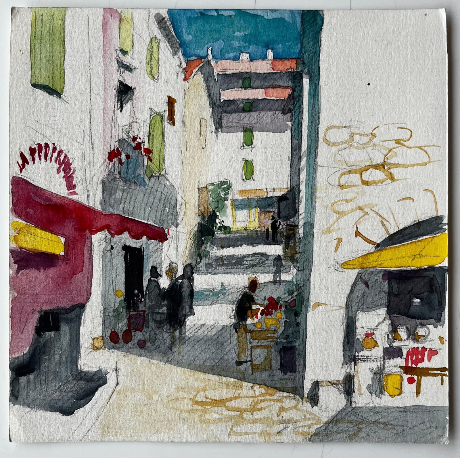 Pierre Neveufrench Village Street Scene With Café And Market Stall Provençal Study photo furniture