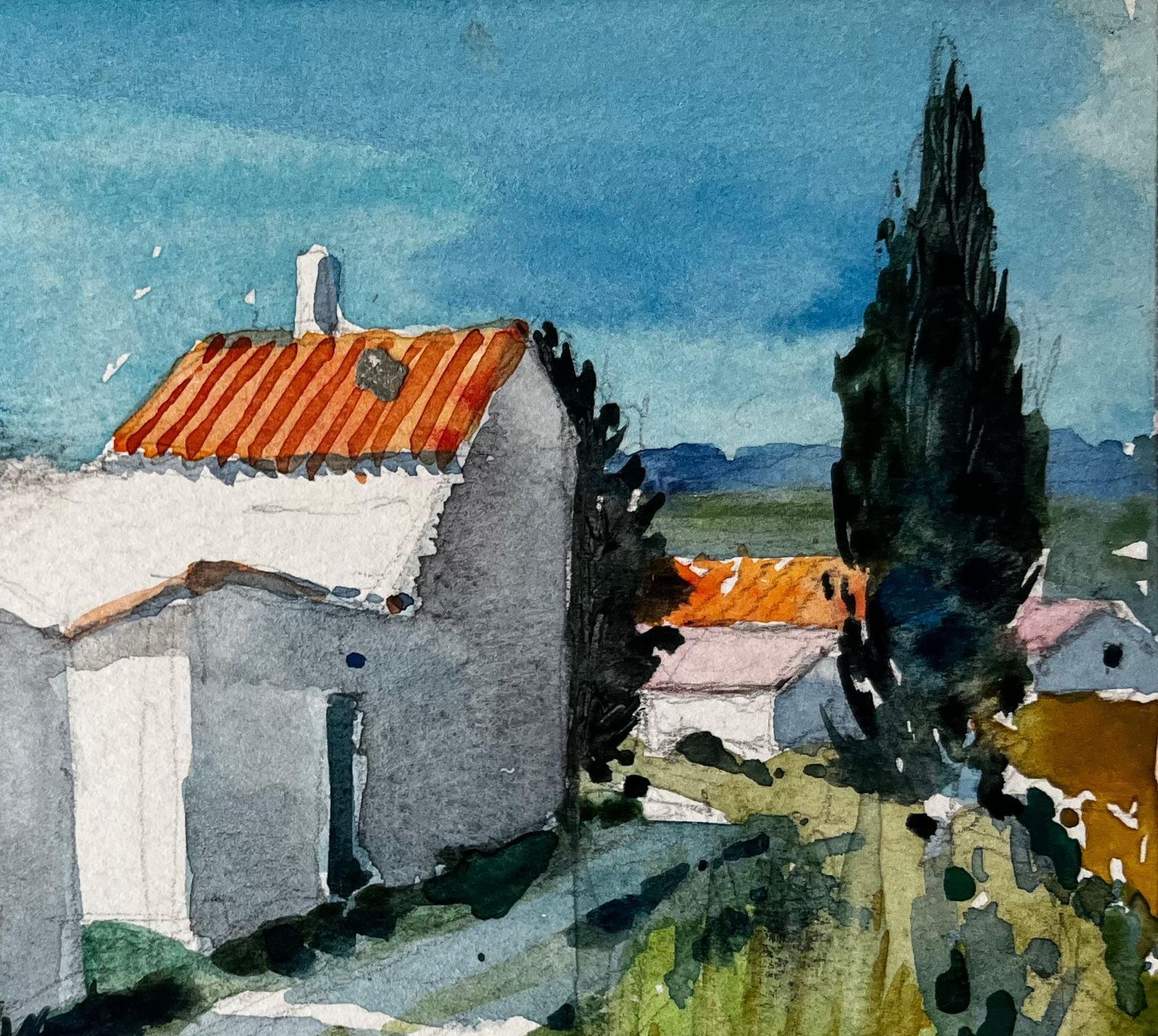 Pierre Neveusablet French Village Houses And Cypress Trees Provençal Landscape Study photo for sale