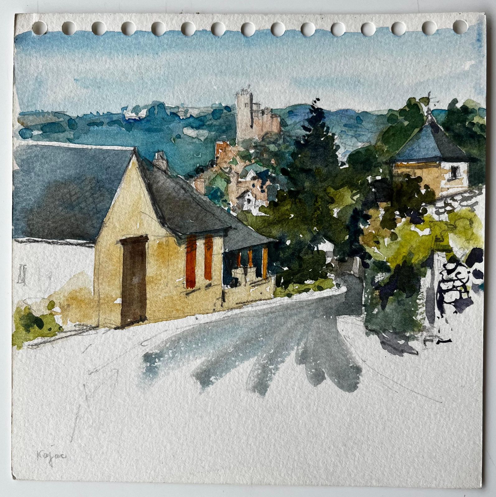 Pierre Neveuhilltop Village View In Kayac Dordogne Countryside Watercolour Study photo furniture