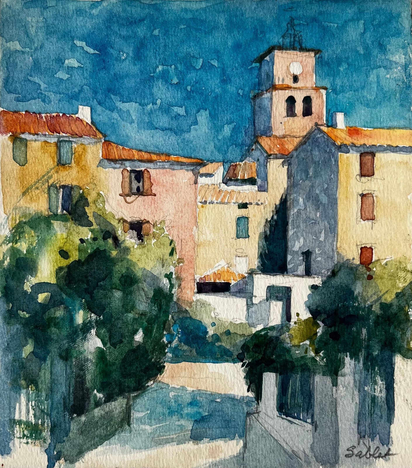 Pierre Neveusablet Village Church And Sunlit Houses Provençal French Landscape Study