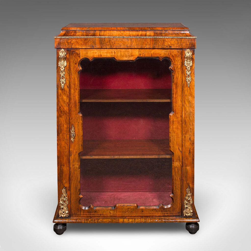 Antique Pier Cabinet English Walnut Glazed Display Bookcase Victorian 1860 photo for sale