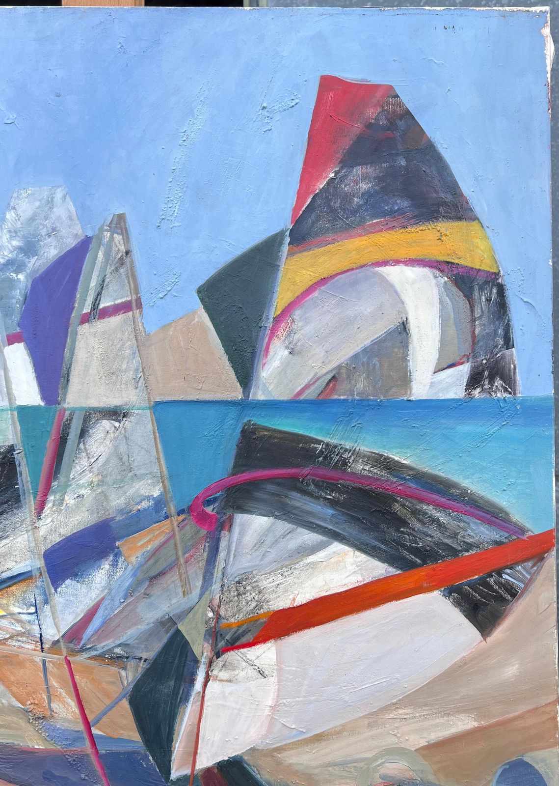 photo furniture Jacqueline Verdet (1931 2023)huge French Contemporary Modernist Abstract Oil Painting Sailing Yachts At Sea