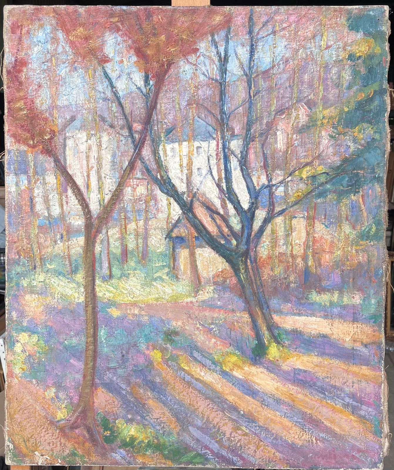 Fine Antique French Impressionist Oil Painting Woodland Gardens Old Stone House photo furniture