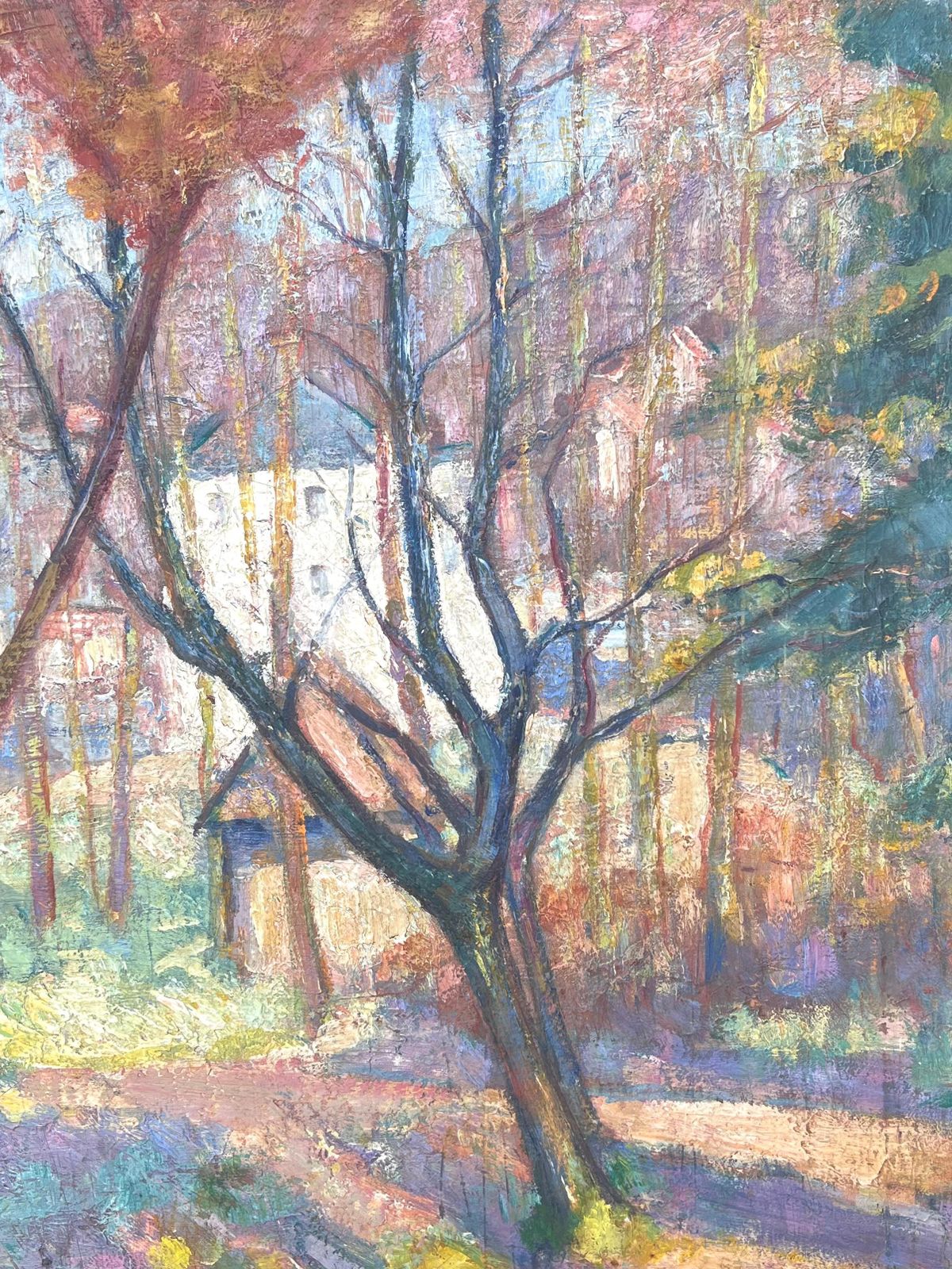 Fine Antique French Impressionist Oil Painting Woodland Gardens Old Stone House photo for sale