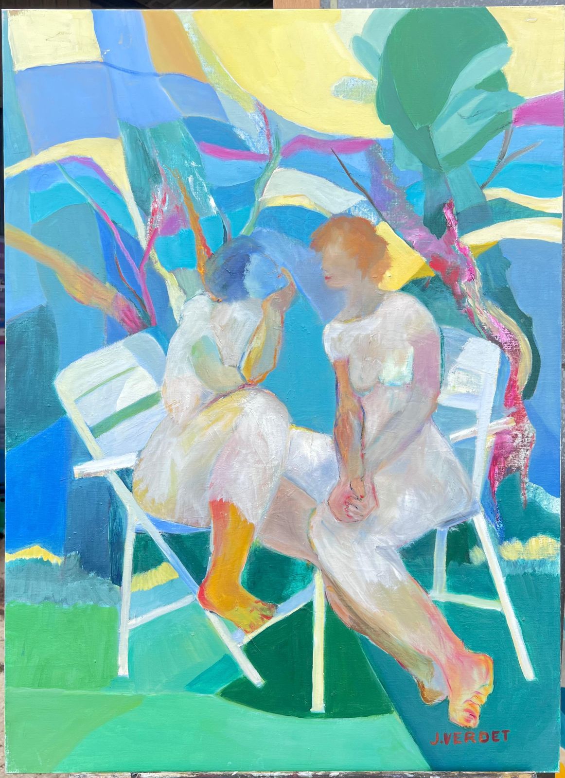 Jacqueline Verdet (1931 2023)huge French Contemporary Modernist Abstract Oil Painting Ladies Chatting Garden photo furniture