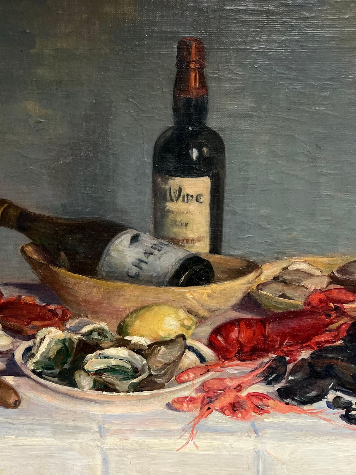 French School1930's French Signed Oil Still Life Fish Supper & Bottle Of Wine Table Top photo Art