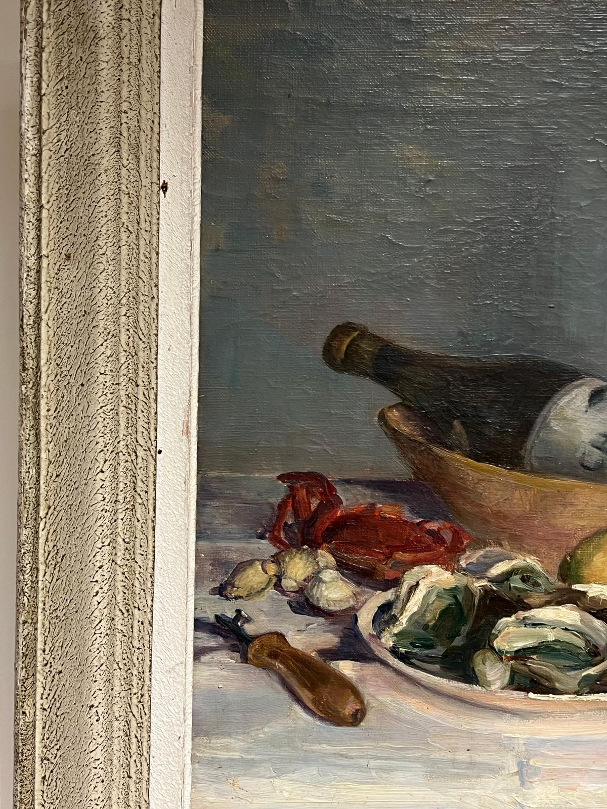 photo furniture French School1930's French Signed Oil Still Life Fish Supper & Bottle Of Wine Table Top