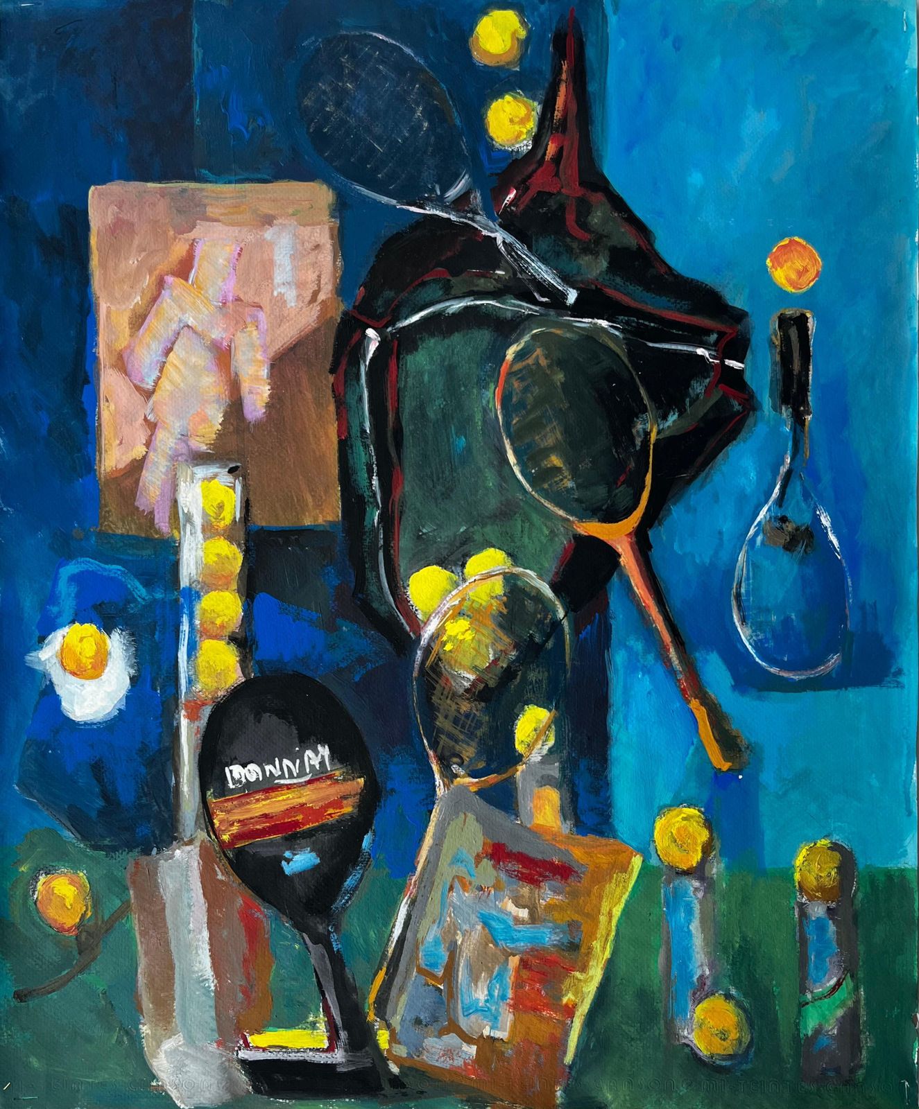 Guy Nicodfrench Modernist Still Life With Tennis Rackets Balls And Sporting Equipment
