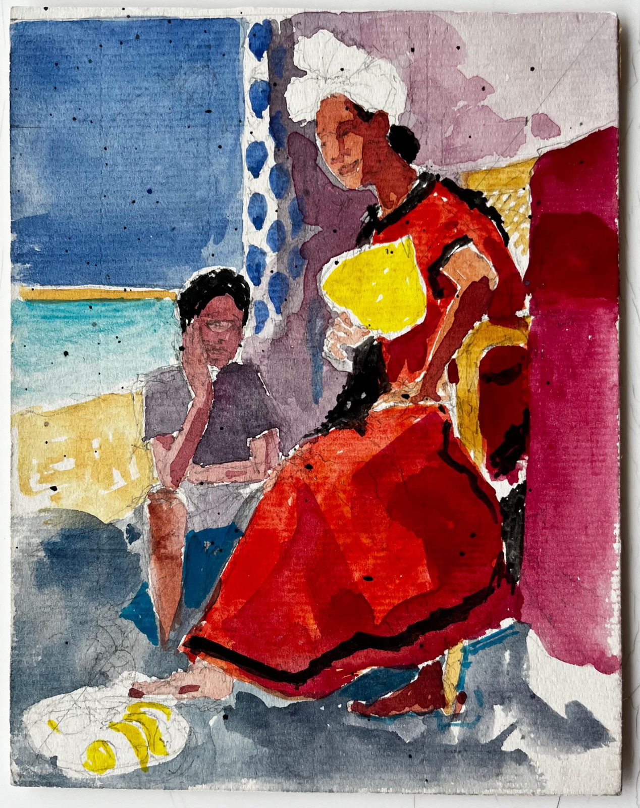 Pierre Neveuinterior Scene With Seated Figures Watercolour French Post Impressionist photo furniture
