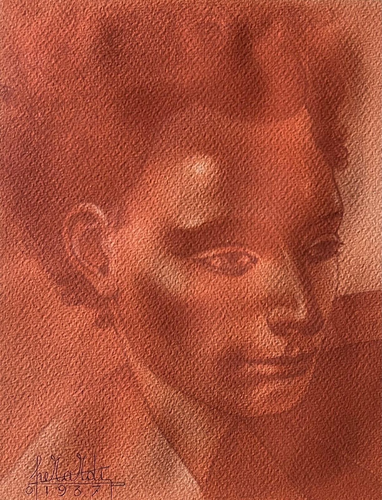 Mid Century French1950's French Signed Sanguine Chalk Head Shoulders Portrait Of Man