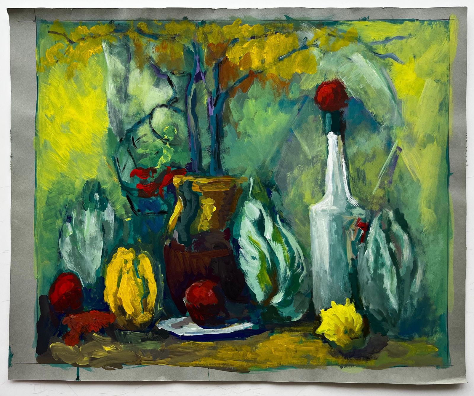 Guy Nicodlush French Modernist Still Life With Bottle Lemons Cabbage Leaves photo for sale