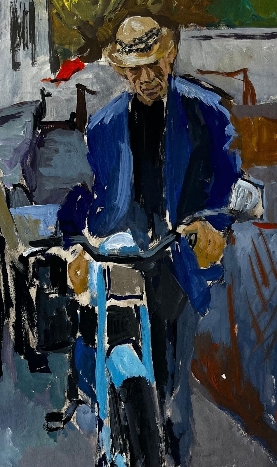 Guy Nicodfrench Modernist Portrait Of A Man With Blue Motorcycle Street Scene photo buy