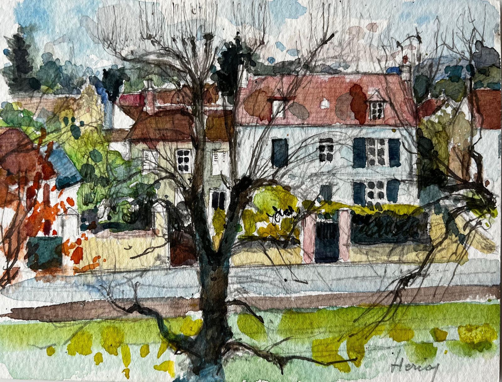 Pierre Neveuhenley Village Houses With Tree Watercolour French Post Impressionist