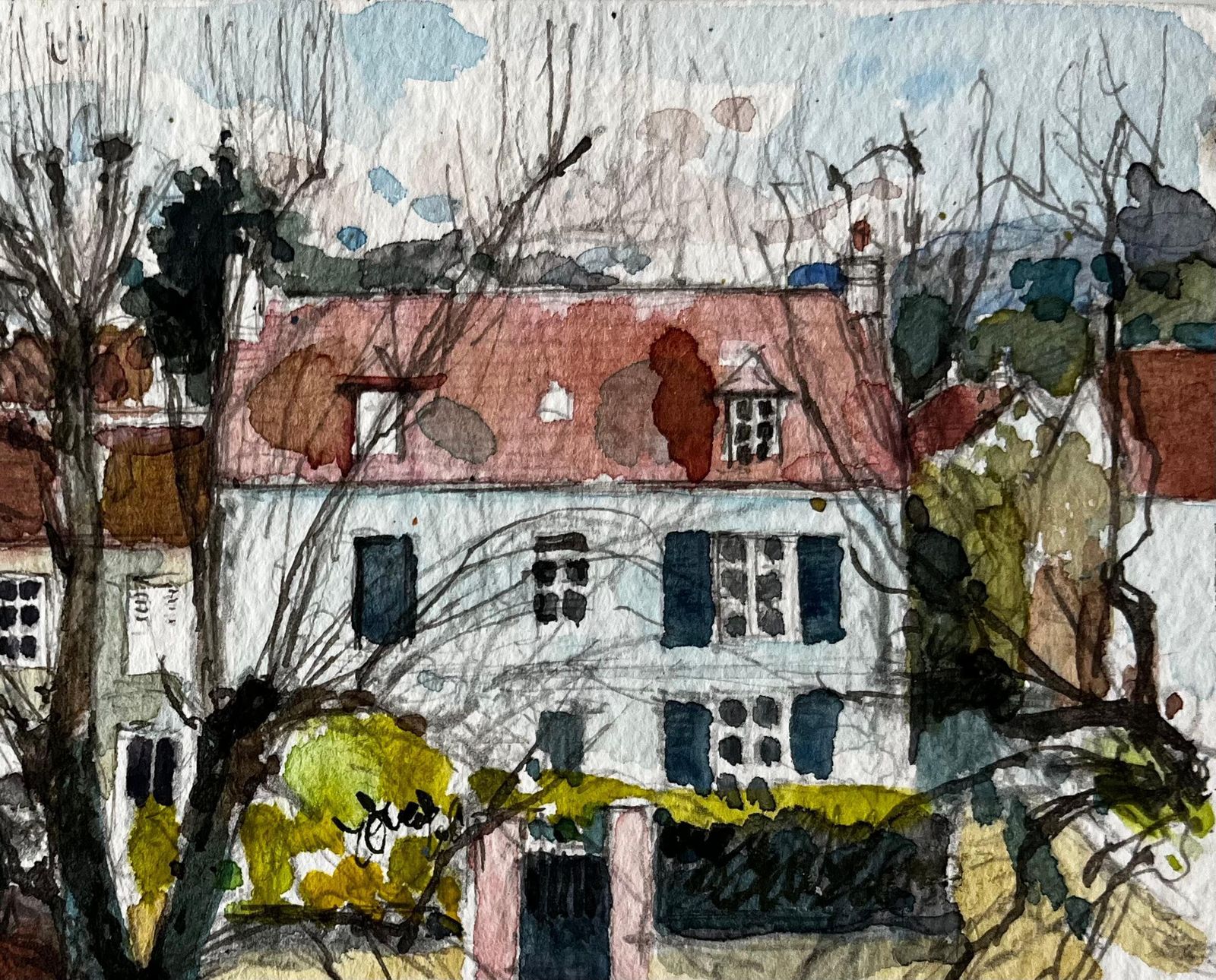 Pierre Neveuhenley Village Houses With Tree Watercolour French Post Impressionist photo for sale