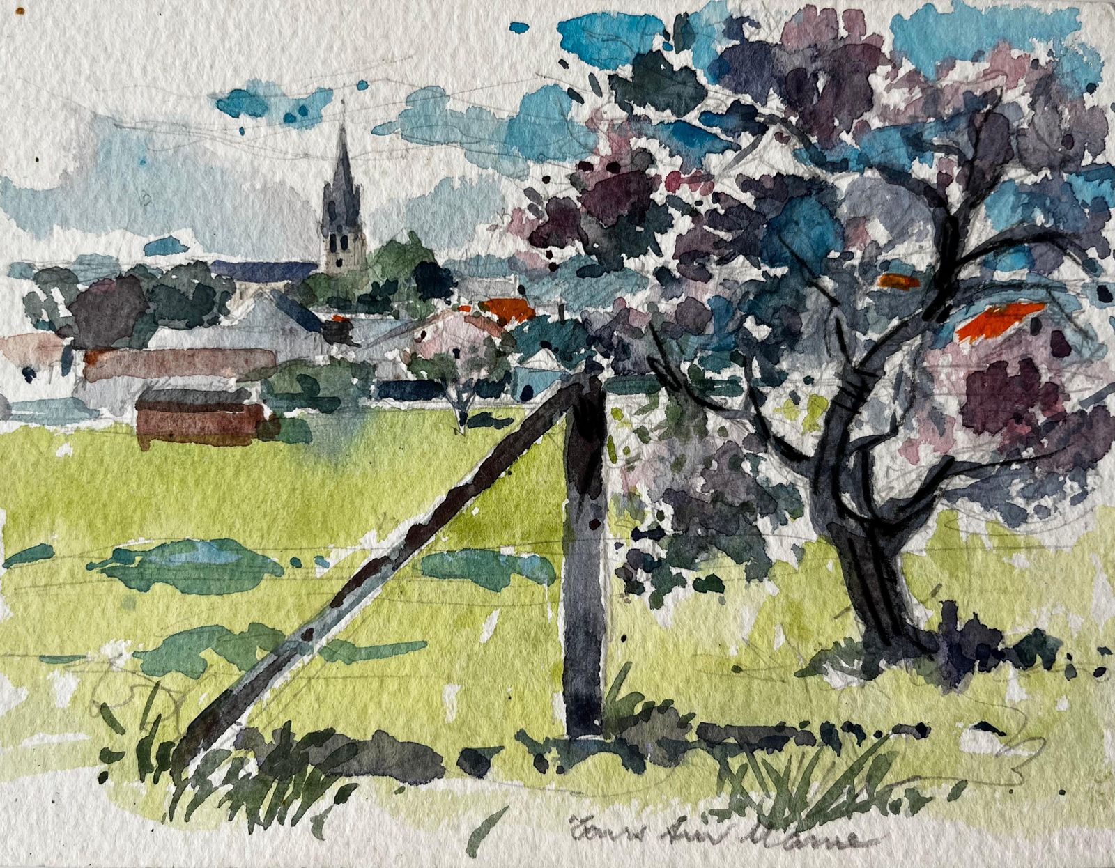 Pierre Neveufrench Countryside Church And Blossom Tree Landscape Post Impressionist