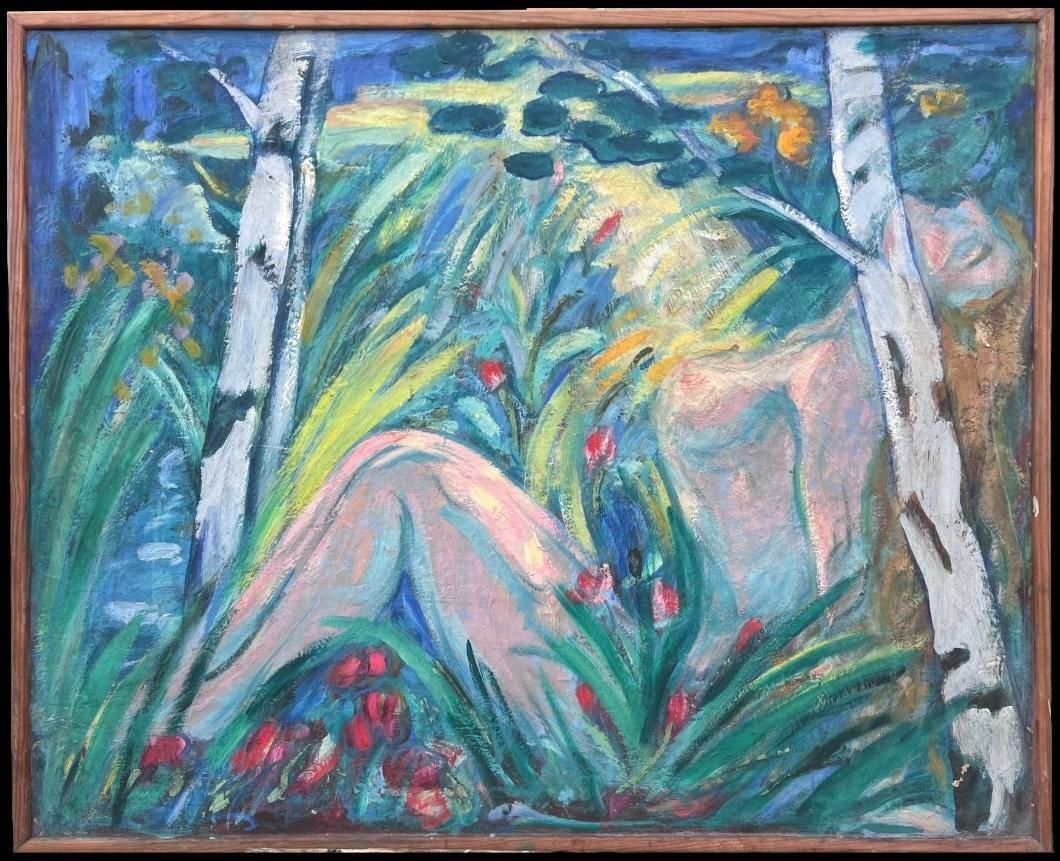 Huguette Baudrothuge Mid Century French Modernist Oil Painting Nude Woman In Lush Wooded Garden