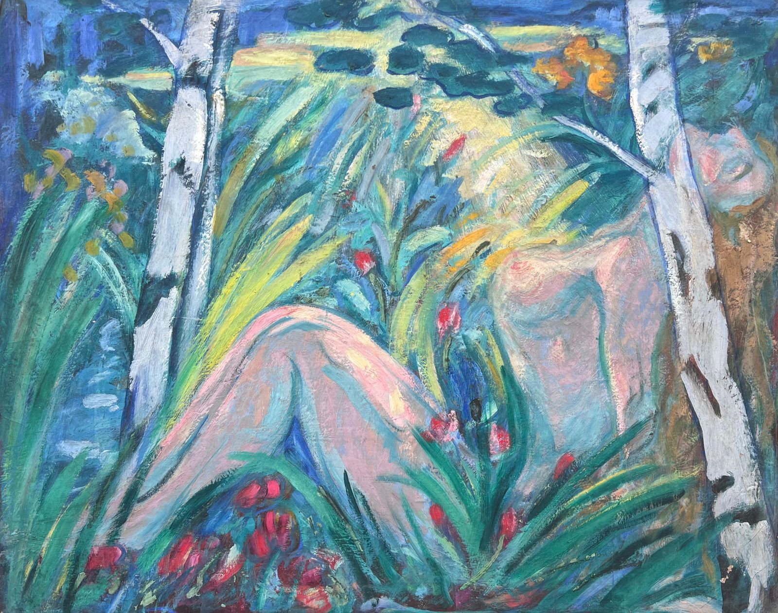 Huguette Baudrothuge Mid Century French Modernist Oil Painting Nude Woman In Lush Wooded Garden photo furniture