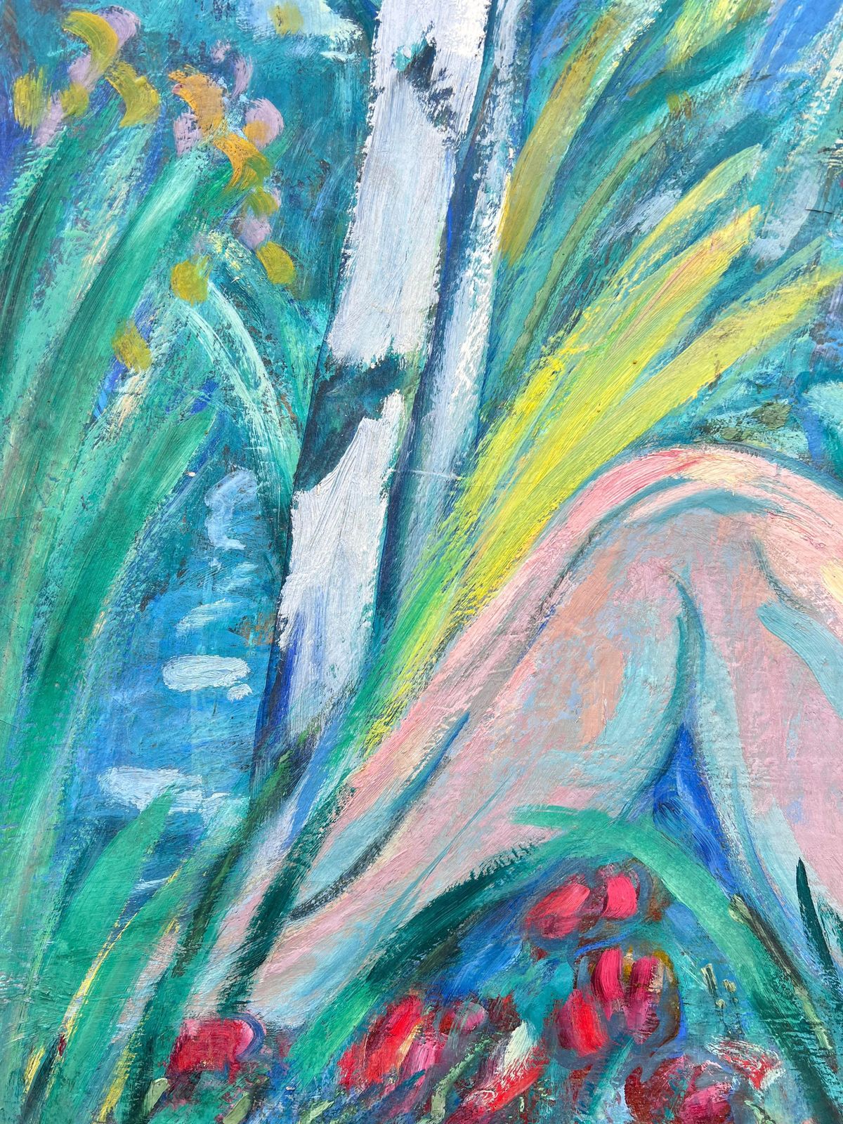 photo furniture Huguette Baudrothuge Mid Century French Modernist Oil Painting Nude Woman In Lush Wooded Garden