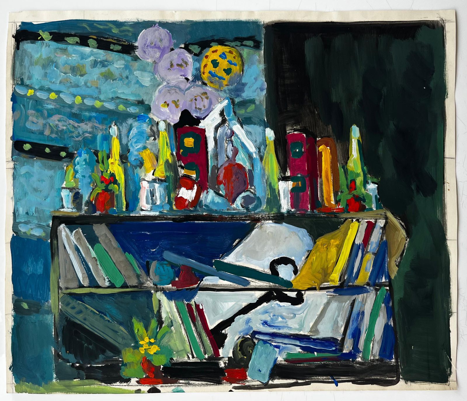 Guy Nicodmodernist Still Life With Books Bottles And Blue Interior French Gouache photo furniture