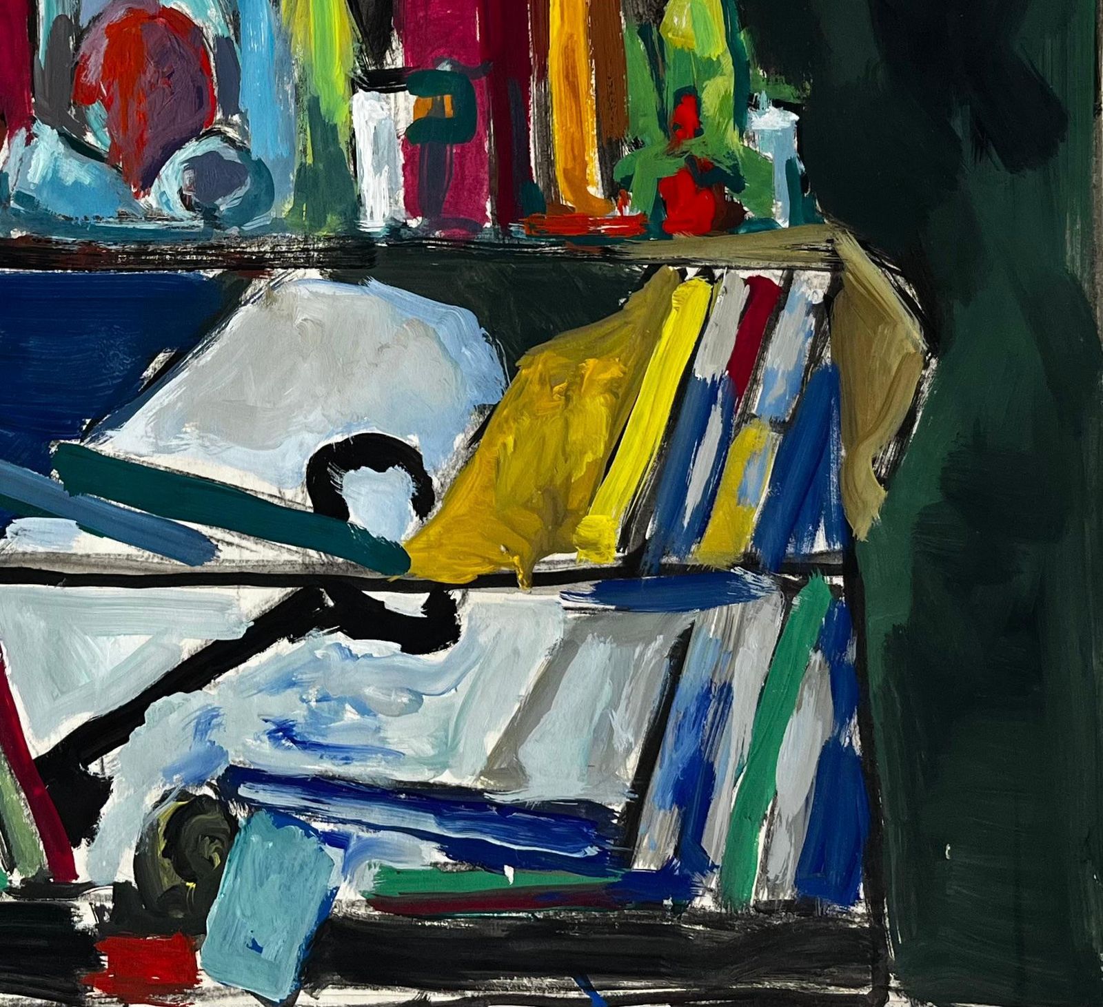 Guy Nicodmodernist Still Life With Books Bottles And Blue Interior French Gouache photo for sale