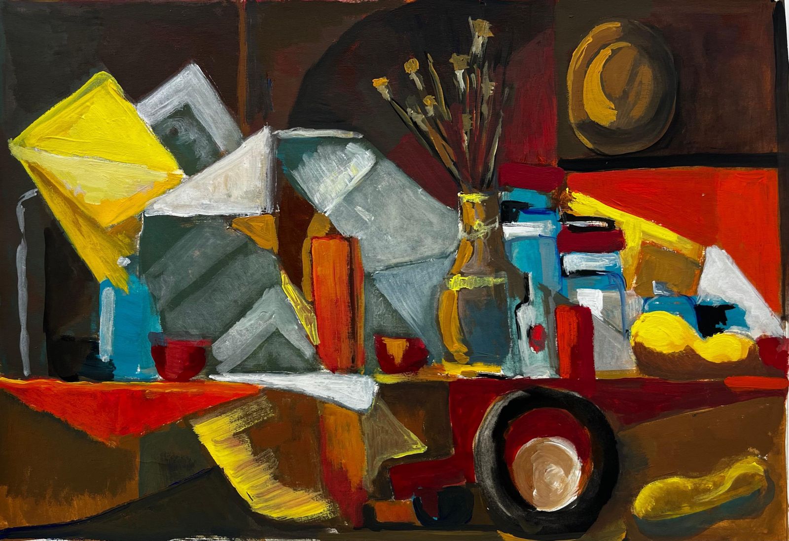 Guy Nicodfrench Modernist Abstract Still Life With Bottles Fruit And Yellow Shapes