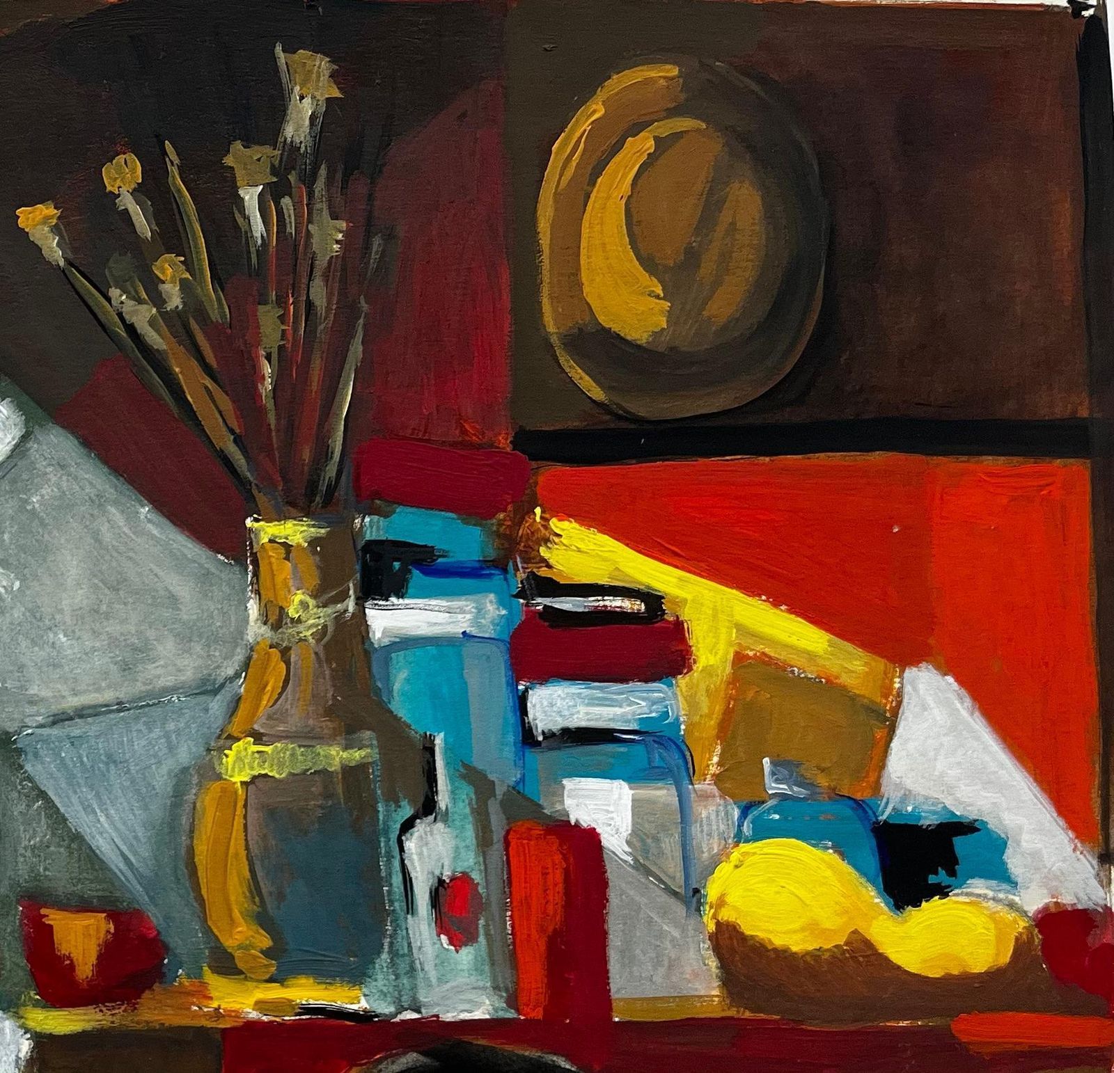 Guy Nicodfrench Modernist Abstract Still Life With Bottles Fruit And Yellow Shapes photo for sale