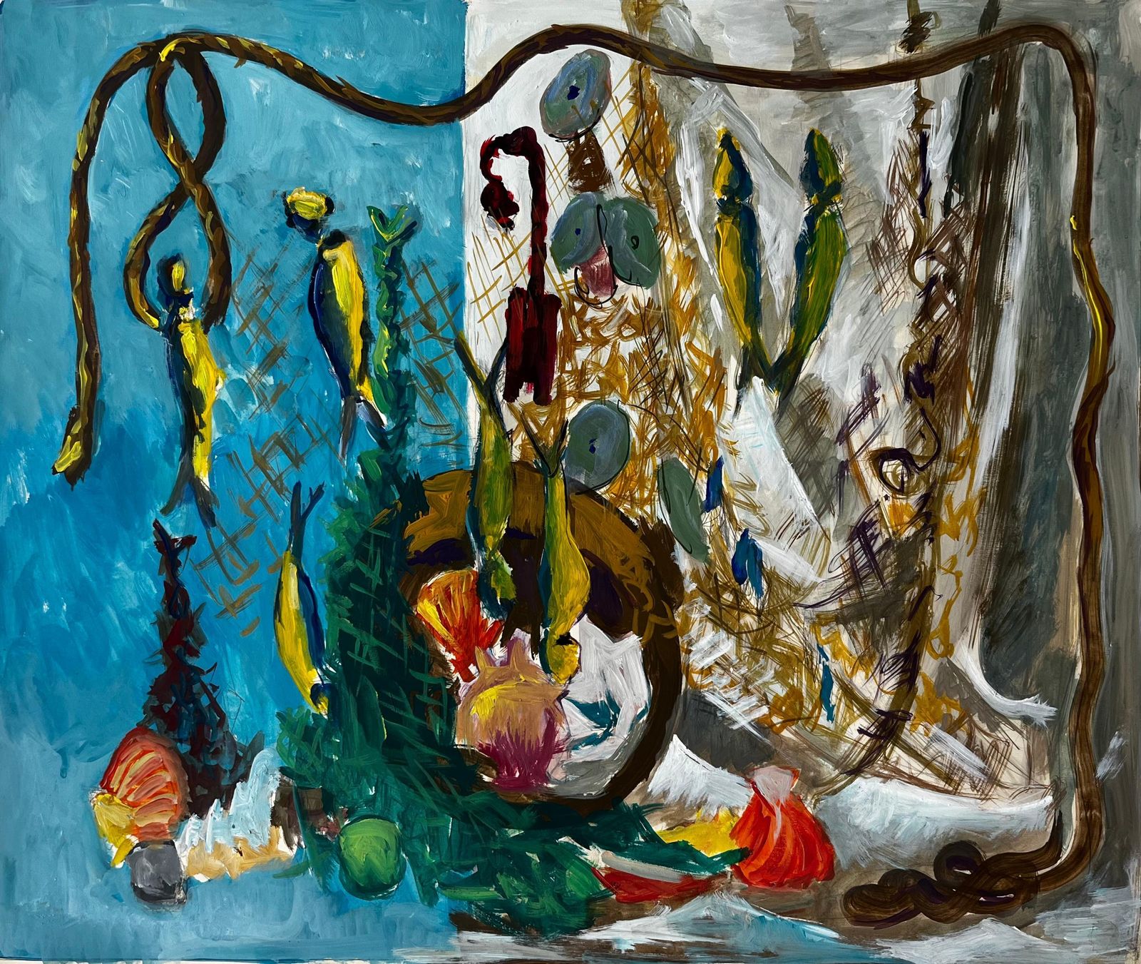 Guy Nicodstill Life With Fish Shells And Fishing Net French Modernist Gouache