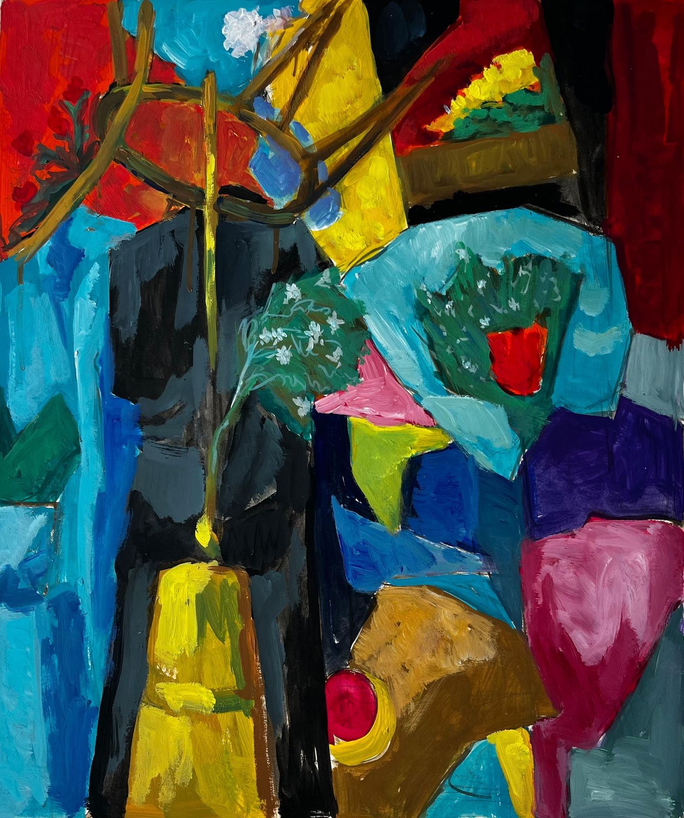 Guy Nicod Abstract Still Life With Yellow Vase Red Curtain And Blue Flowers French Gouache