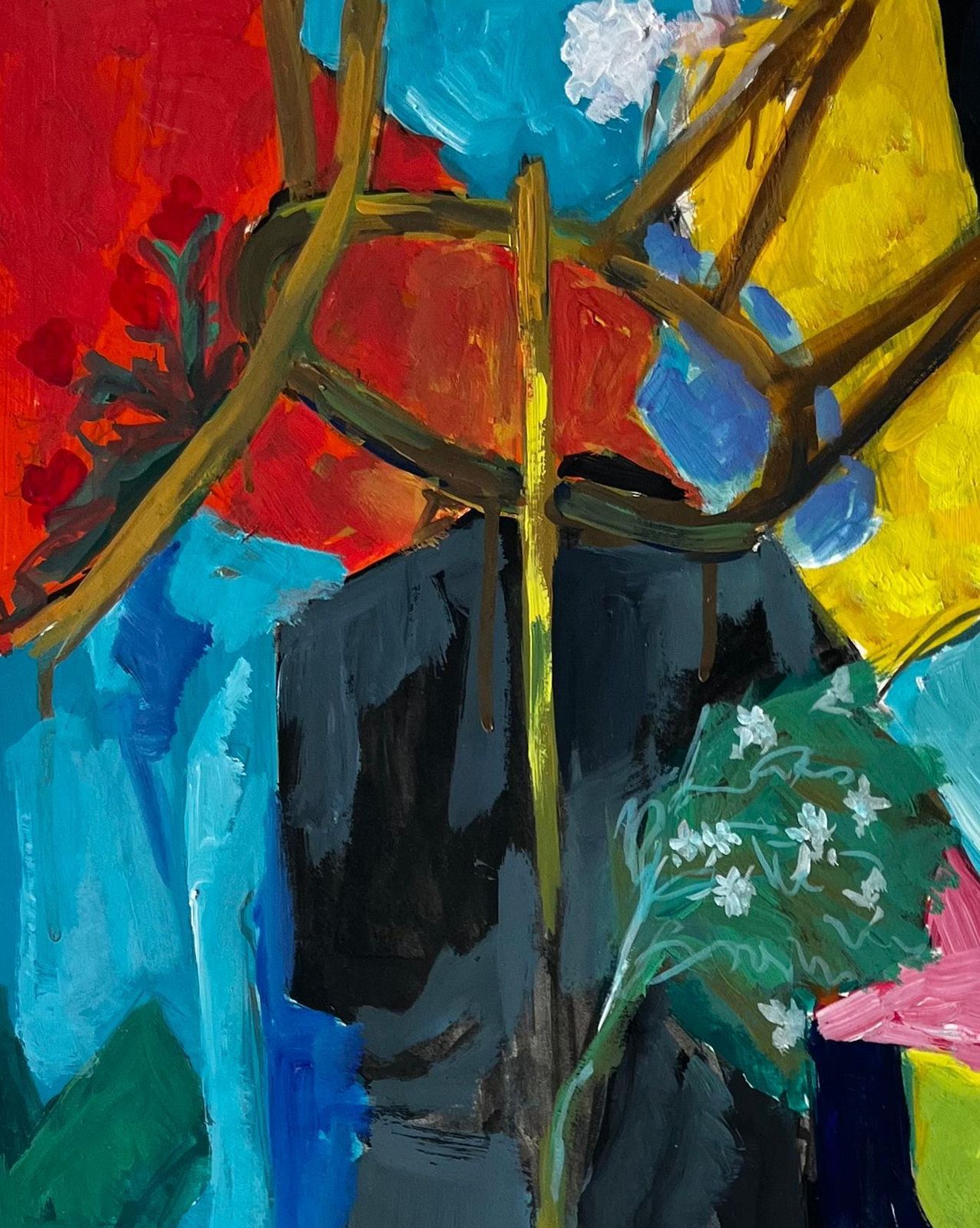 Guy Nicod Abstract Still Life With Yellow Vase Red Curtain And Blue Flowers French Gouache photo for sale