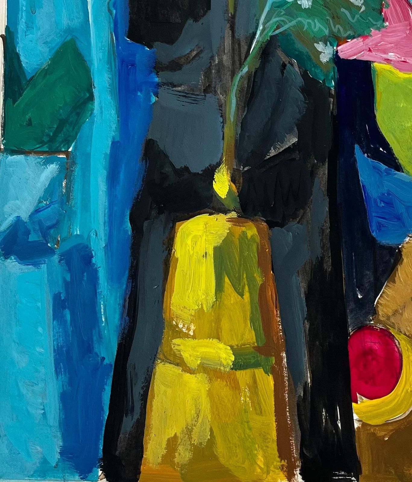 Guy Nicod Abstract Still Life With Yellow Vase Red Curtain And Blue Flowers French Gouache photo vinterior
