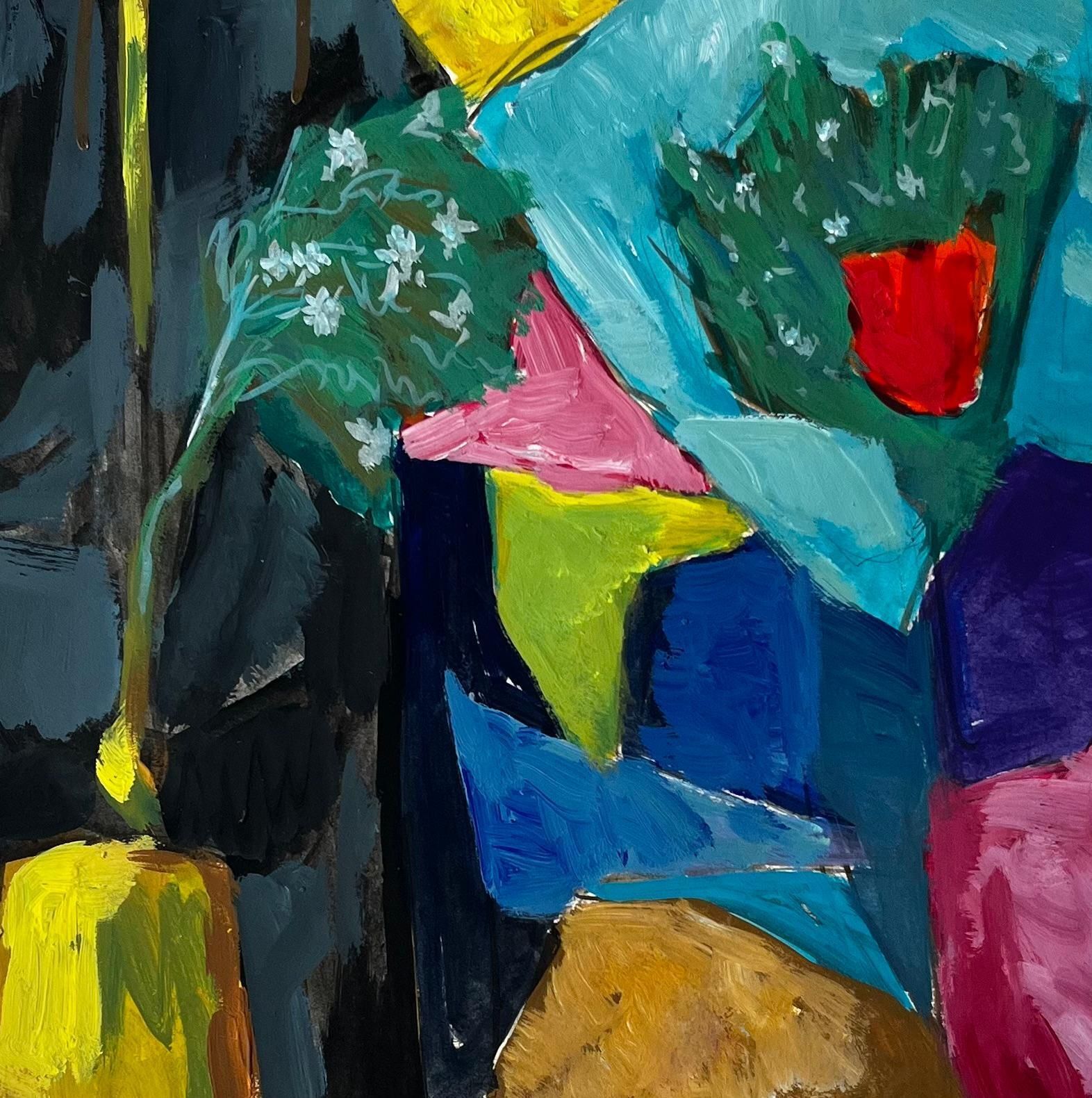 Guy Nicod Abstract Still Life With Yellow Vase Red Curtain And Blue Flowers French Gouache photo buy