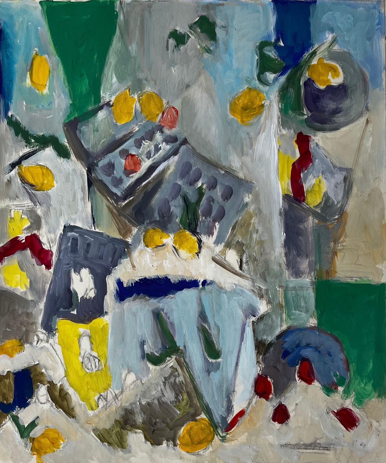 Guy Nicodabstract Still Life With Lemons Table And Blue Cloth French Modernist Gouache