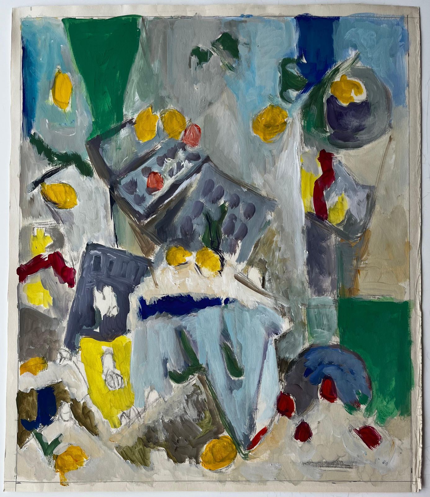 Guy Nicodabstract Still Life With Lemons Table And Blue Cloth French Modernist Gouache photo furniture